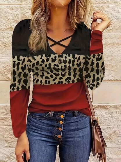 Damen lässiges Langarmshirt mit modischem Leopardenmuster und raffiniertem V-Ausschnitt Stalluxe