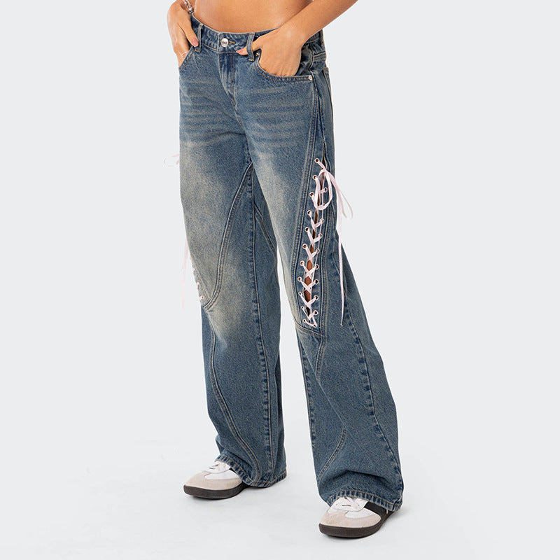 Damen Weite Jeans mit kontrastrierenden Schnüroptionen Stalluxe