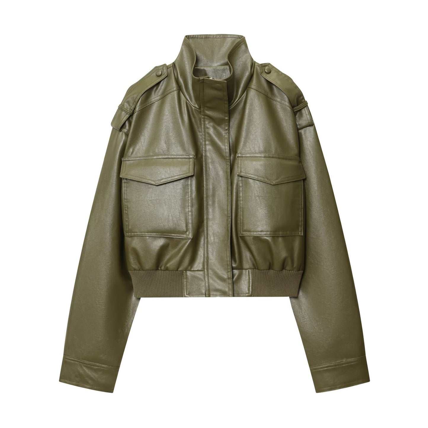 Damen modische cropped Bikerjacke mit Schulterklappen und großen Taschen Stalluxe