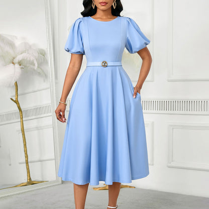 Damen Midi-Kleid mit voluminösen Puffärmeln, elegantem Taillengürtel und schwingendem Rock Stalluxe