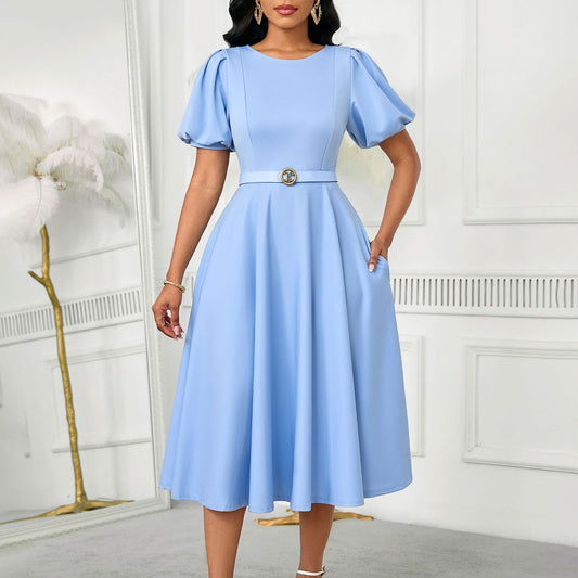 Damen Midi-Kleid mit voluminösen Puffärmeln, elegantem Taillengürtel und schwingendem Rock Stalluxe
