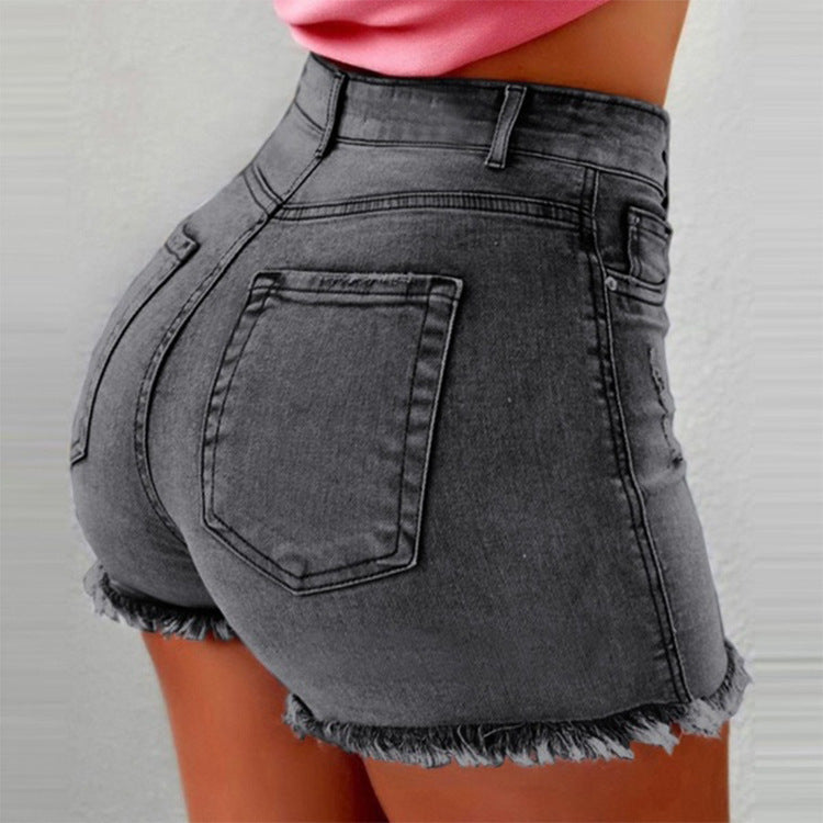 Damen High-Waist Denim-Shorts mit fransigem Saum Stalluxe