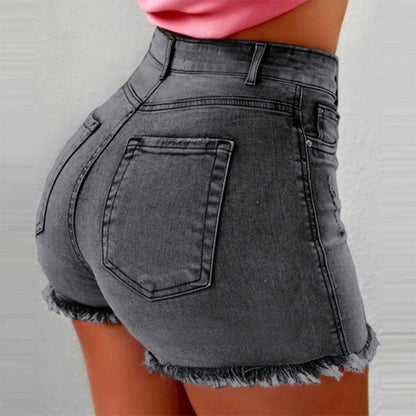 Damen High-Waist Denim-Shorts mit fransigem Saum Stalluxe