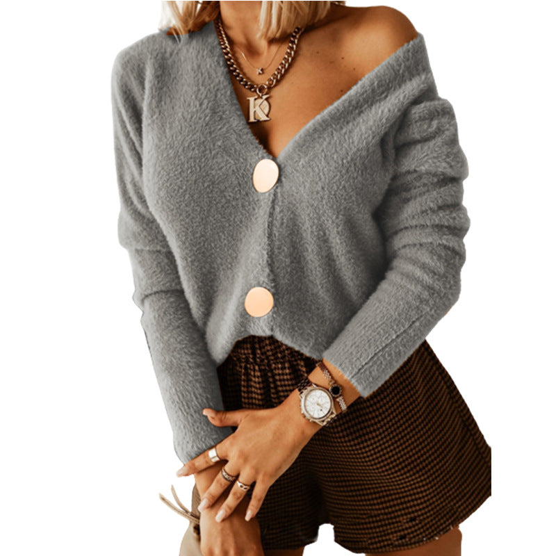 Damen weicher Kurzpullover mit großem V-Ausschnitt und modischen Knöpfen Stalluxe