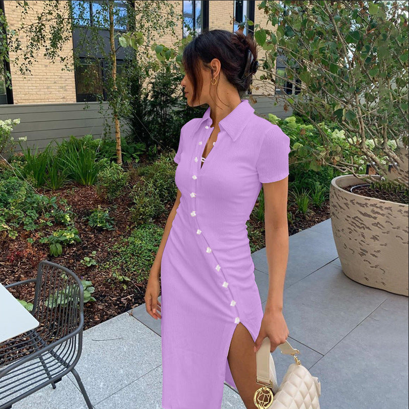 Damen Kurzarm Button-Down Midi Kleid mit Seitenschlitz Stalluxe