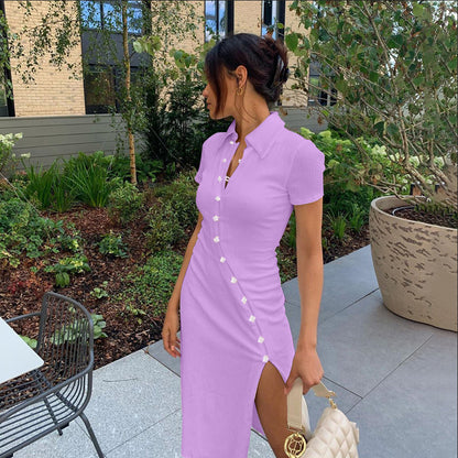 Damen Kurzarm Button-Down Midi Kleid mit Seitenschlitz Stalluxe