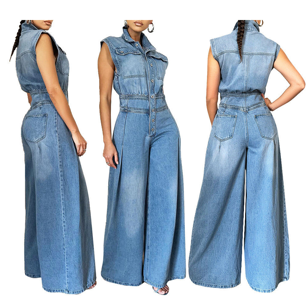 Damen Jeans-Einteiler mit weiten Beinen und Schulterklappen Stalluxe