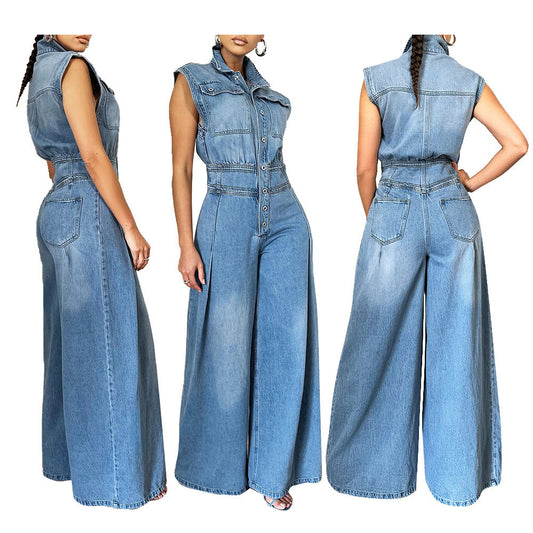 Damen Jeans-Einteiler mit weiten Beinen und Schulterklappen Stalluxe