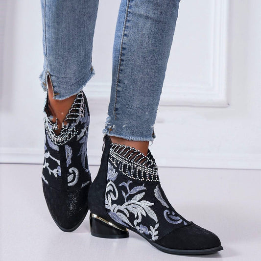 Damen Stiefeletten mit floralem Muster und glanzvollem Blockabsatz Stalluxe