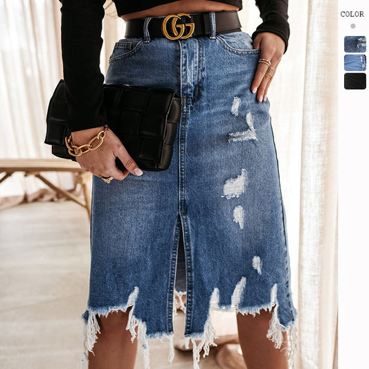 Damen Midi-Denim-Rock mit fransigen Details Stalluxe
