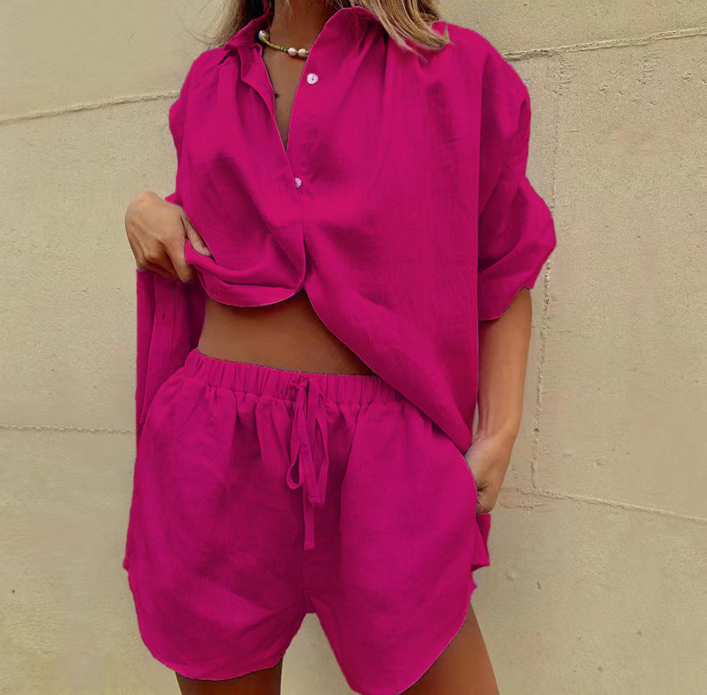 Damen lässiges Leinen-Set mit oversized Hemd und kurzen Hosen Stalluxe