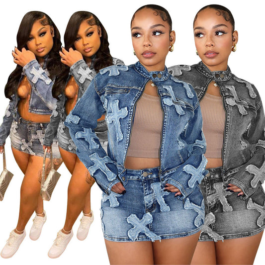 Damen modische Jeansjacke mit einzigartigen Applikationen Stalluxe