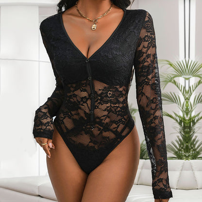 Damen Spitzenbody mit elegantem V-Ausschnitt und Knopfdetails Stalluxe