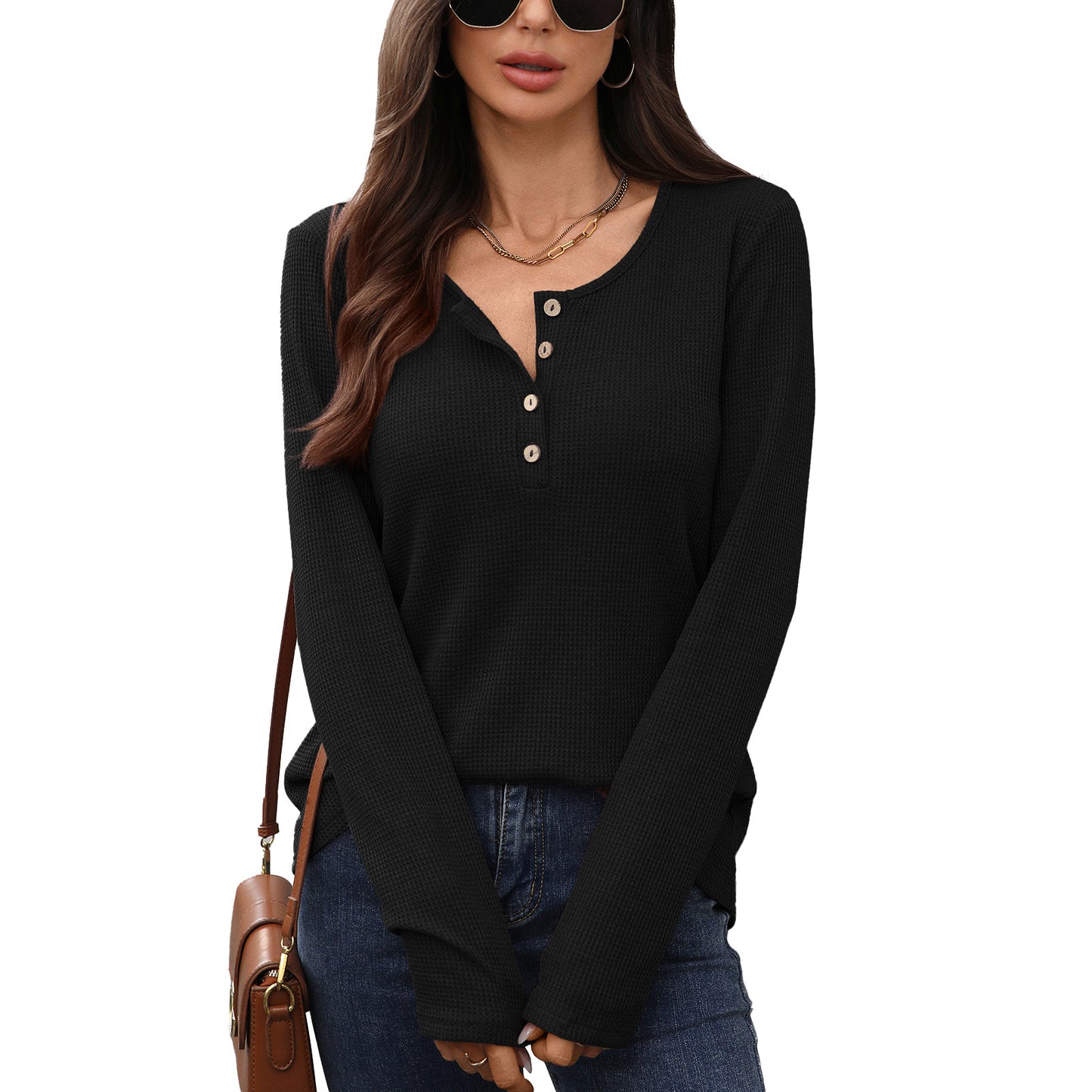 Damen Waffelstrick Langarmshirt mit Knopfleiste Stalluxe