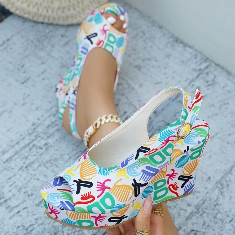 Damen Wedge-Pantoletten mit buntem Grafikdesign und verstellbarem Riemen Stalluxe