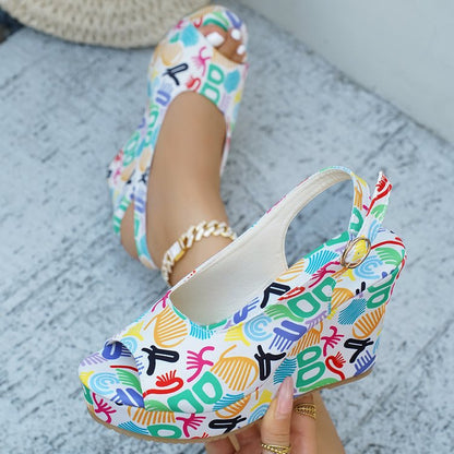 Damen Wedge-Pantoletten mit buntem Grafikdesign und verstellbarem Riemen Stalluxe