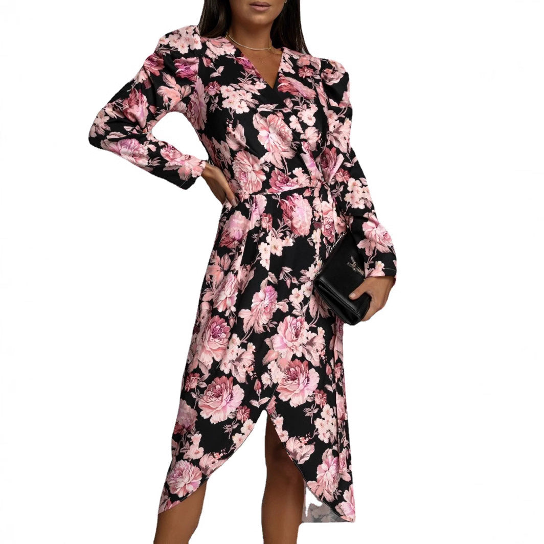 Damen Wickelkleid mit floralen Mustern und eleganten Puffärmeln Stalluxe