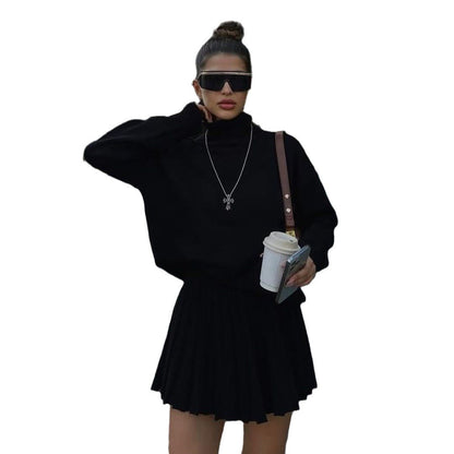 Damen Strickpullover mit hohem Kragen und plissierter Minirock Stalluxe