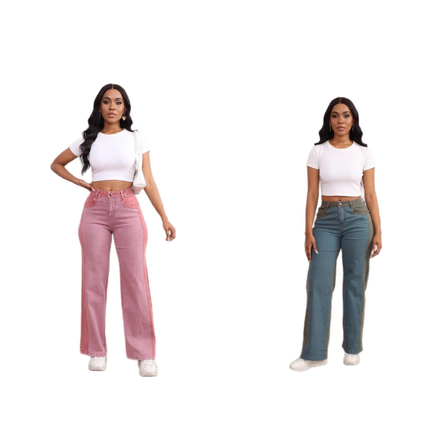 Damen High-Waist Jeans im modernen Farbblock-Design mit weitem Bein Stalluxe
