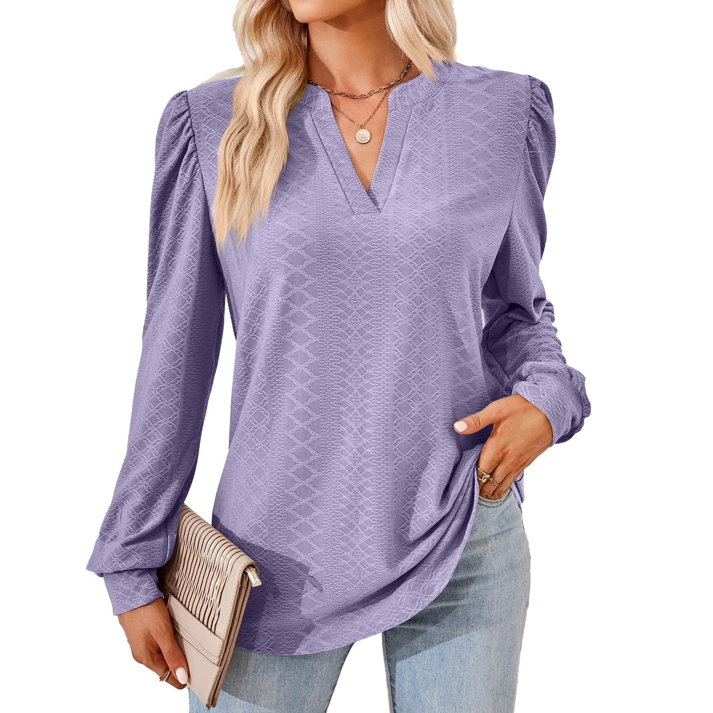 Damen Blusenshirt mit elegantem V-Ausschnitt und strukturiertem Muster Stalluxe