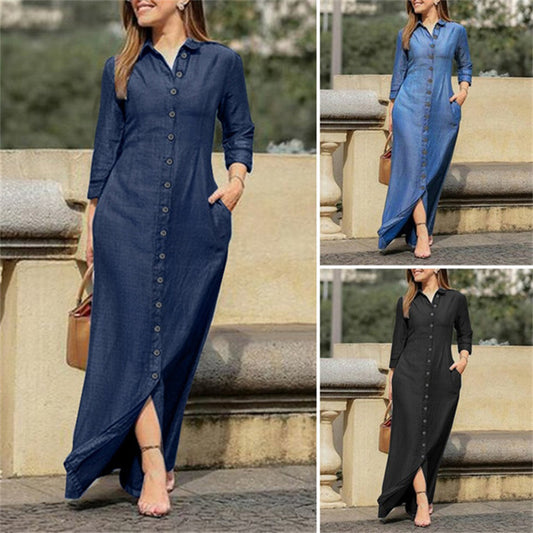 Damen lässiges Maxikleid mit funktionalem Knopfverschluss und praktischen Seitentaschen Stalluxe