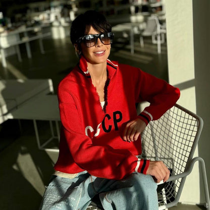 Damen lässiger Pullover mit sportlichem Schriftzug und trendigen Rippabschlüssen Stalluxe