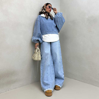 Damen Oversized Denim-Look Pullover mit voluminösen Ärmeln Stalluxe