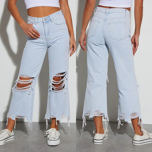 Damen Distressed Jeans mit weitem Bein und fransigem Saum Stalluxe