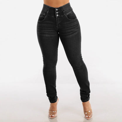 Damen Slim Fit Jeanshose mit elastischem Bund und Knopfverschluss Stalluxe