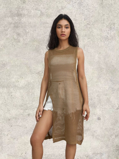 Damen Netz-Kleid mit seitlichen Schlitzen und lässigem Schnitt Stalluxe Dunkelbraun