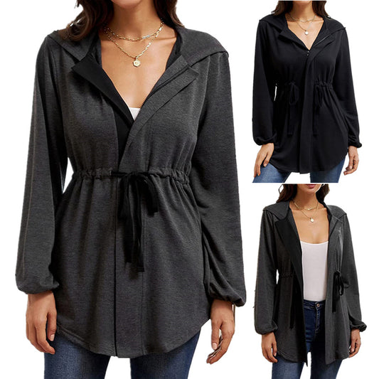 Damen lässige Oversized-Hemdjacke mit Kapuze und Taillenzug Stalluxe