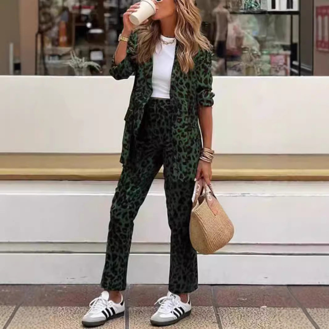 Women's Chic Animal Print Blazer and Trousers Set Stalluxe