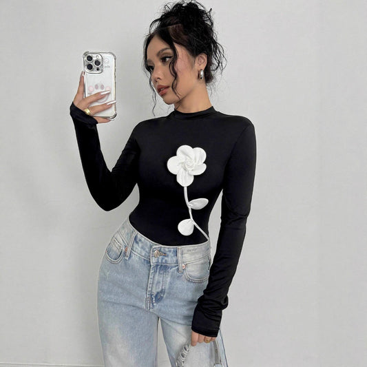 Damen Langärmliges T-Shirt mit 3D-Blumenapplikation Stalluxe