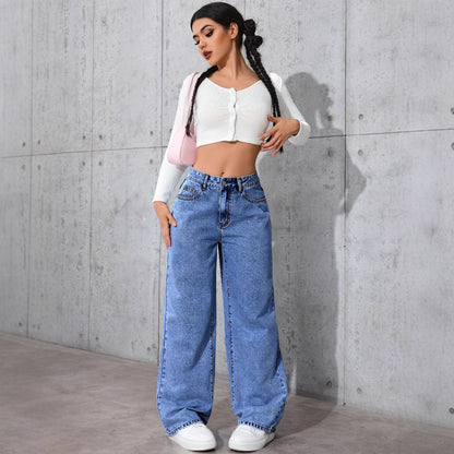 Damen Weite Denim-Hose mit hohen Taschen Stalluxe