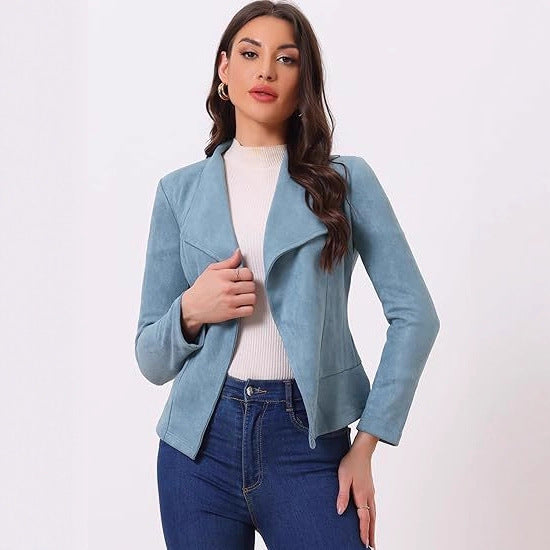 Damen modische Synthetiklederjacke mit offenem Schnitt und Taschen Stalluxe