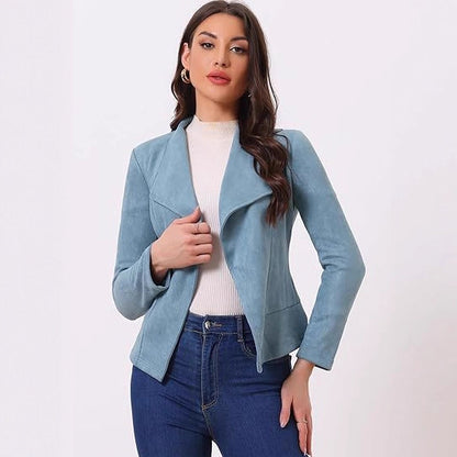 Damen modische Synthetiklederjacke mit offenem Schnitt und Taschen Stalluxe