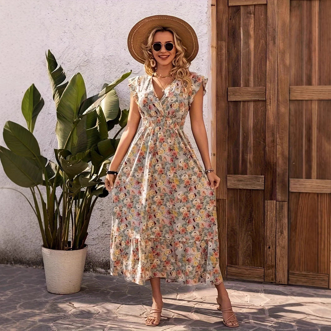 Damen Maxikleid mit floralem Design und lässigem V-Ausschnitt Stalluxe