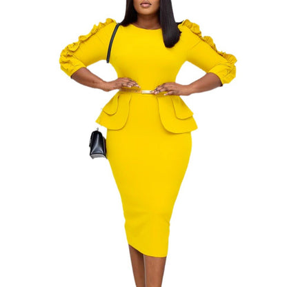 Damen Figurbetontes Kleid mit Rüschen-Ärmeln und Taillengürtel Stalluxe