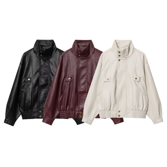 Damen modische Kunstlederjacke mit hohen Kragen und praktischen Knopfdetails Stalluxe