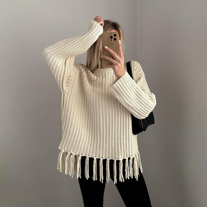 Damen lässiger Strickpullover mit Fransen Stalluxe