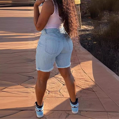 Damen Jeans-Shorts mit buntem Muster und stylishen Ausfransen Stalluxe