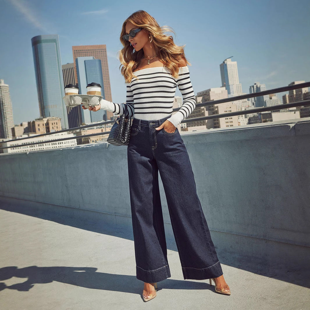 Damen Weit geschnittene Jeanshose mit hohem Bund und eleganter Naht Stalluxe