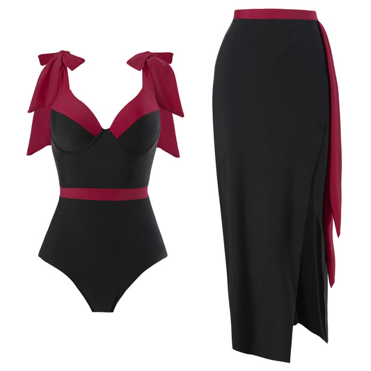 Damen Eleganter Badeanzug mit abnehmbarem Wickelrock und farblich abgestimmten Schleifen Stalluxe
