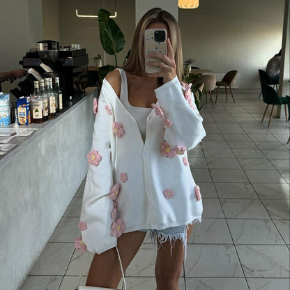 Damen Strickjacke mit floralem 3D-Design und V-Ausschnitt Stalluxe