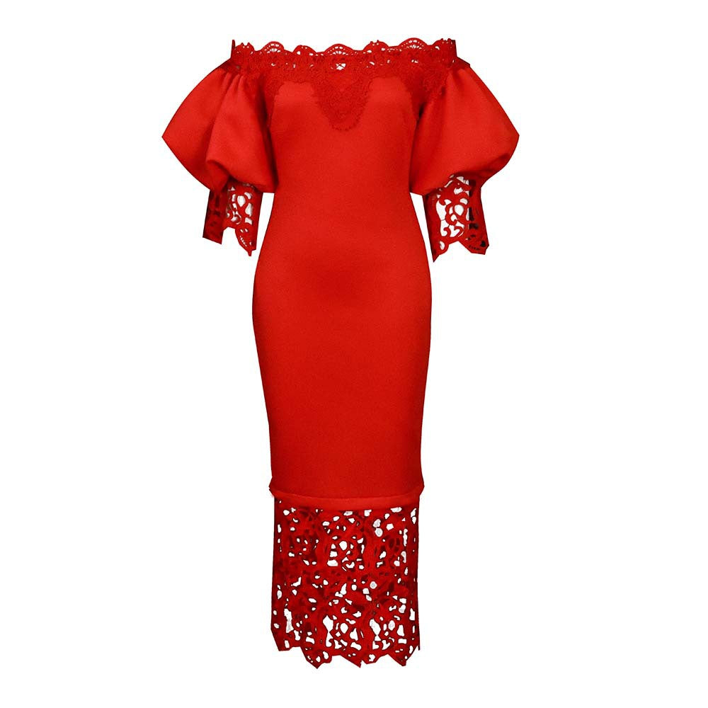 Damen Off-Shoulder Maxikleid mit Spitzenakzenten und figurschmeichelndem Schnitt Stalluxe Rot