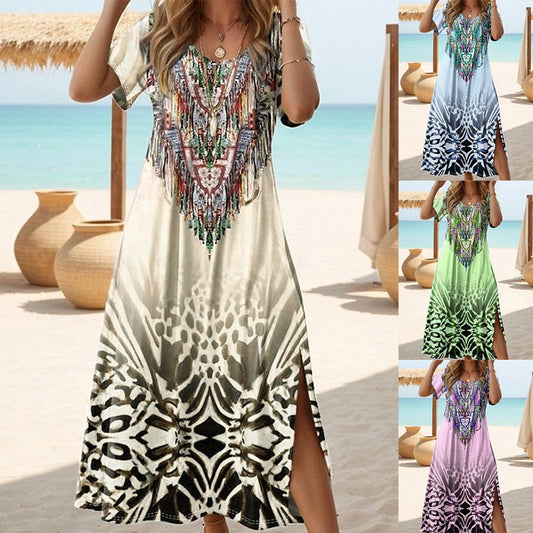 Damen Strandmaxikleid mit einzigartigem Ethno-Design und seitlichen Schlitzen Stalluxe