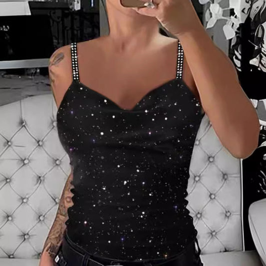 Damen Oberteil mit funkelndem Galaxie-Design und eleganten Spaghetti-Trägern Stalluxe