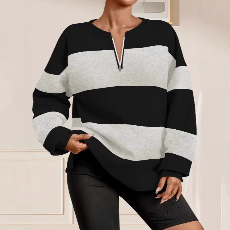 Damen modischer Sweatpullover mit Reißverschluss und gestreiftem Design Stalluxe