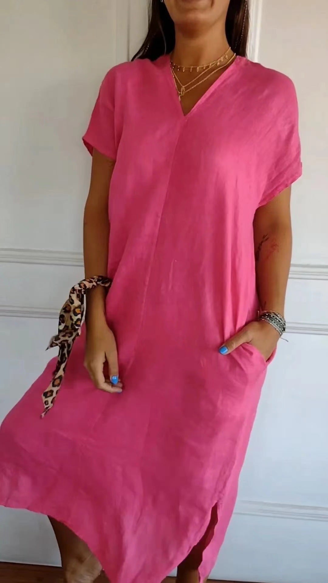 Damen lässiges V-Ausschnitt Kleid mit praktischen Taschen Stalluxe