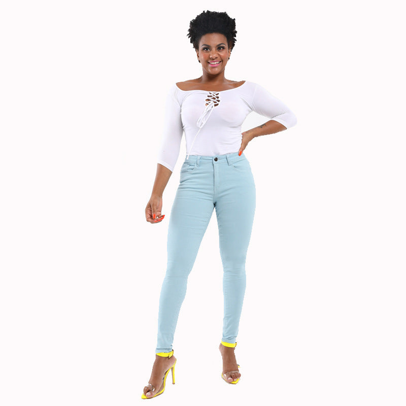 Damen Slim-Fit Jeans mit dekorativem Schnürdetail Stalluxe Himmelblau